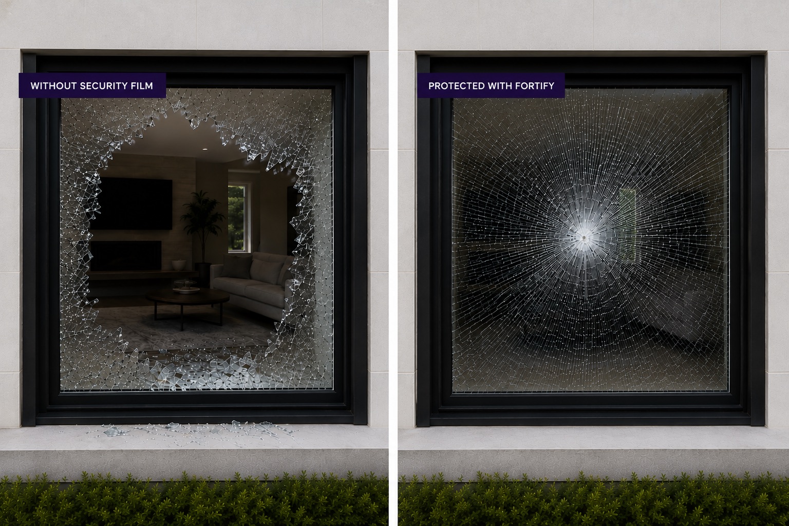 A window without security film after an impact — the glass has shattered and fallen out, leaving an open hole into the room — next to the same window protected with Fortify security film, where the glass has cracked from the impact but held together in one piece with no hole.